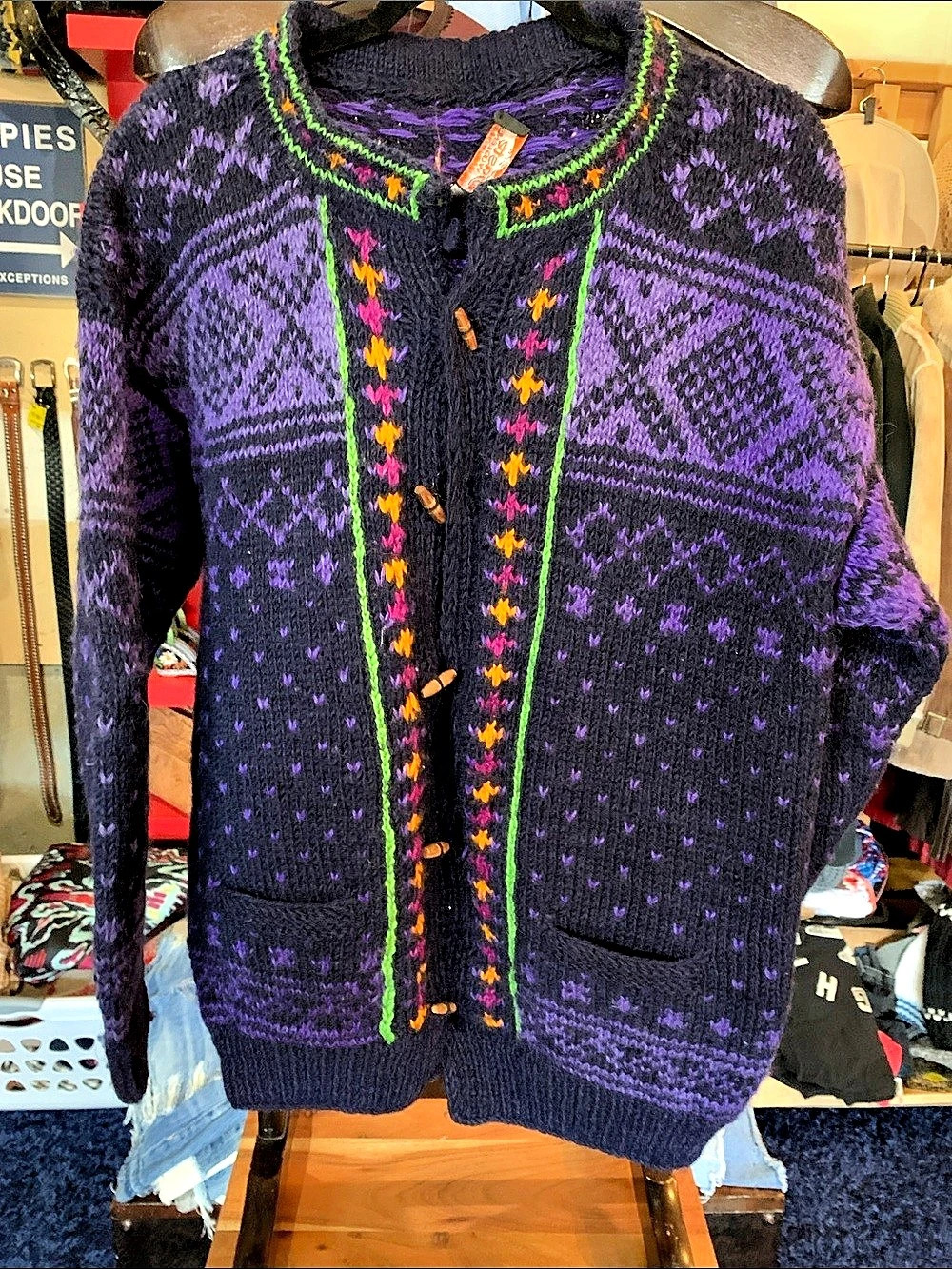 Geometric Knit Cardigan in Purple & Black Like New